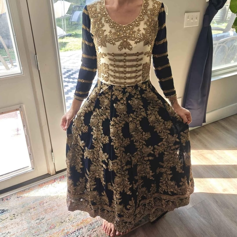 Elegant Gold and Navy Embroidered Dress